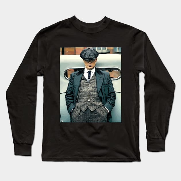 well shelved, thomas shelby leans against a car with his hands in his pants and hat pulled deep into his face as abstract art (vers. 1) Long Sleeve T-Shirt by ComicPrint